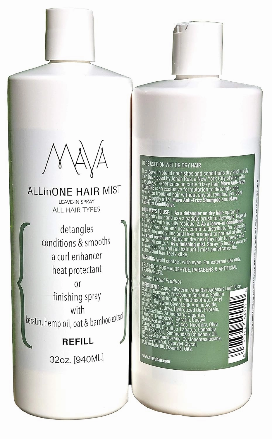 Mava AllinONE Hair Mist, REFILL 32oz.,Detangles, Conditions & Smooths, a Curl Enhancer & Heat Protectant.
