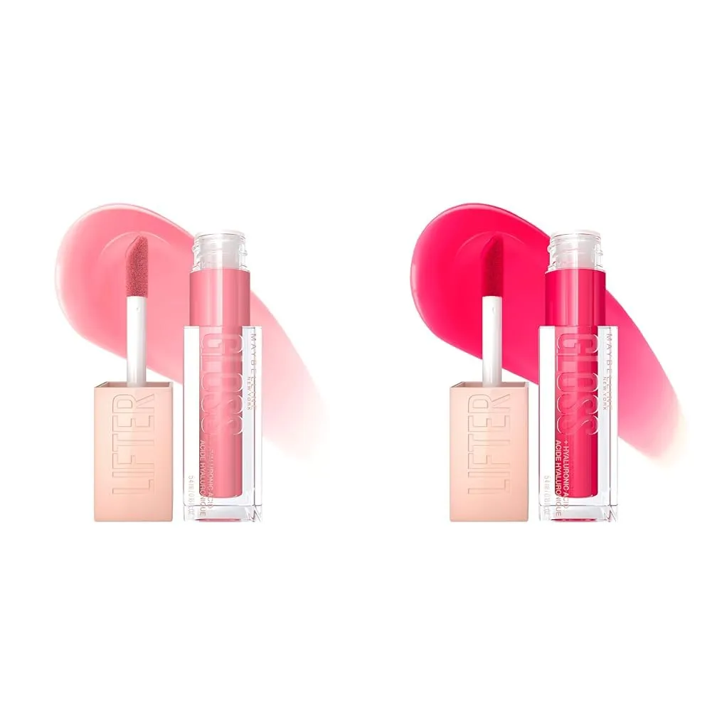 MAYBELLINE New York Lifter Gloss Hydrating Lip Gloss Bundle with Hyaluronic Acid, Gummy Bear & Bubblegum, Sheer Light & Bright Pink, 1 Count Each