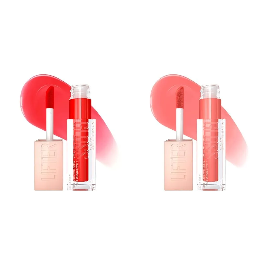 MAYBELLINE New York Lifter Gloss Hydrating Lip Gloss Bundle with Hyaluronic Acid, Sweetheart Sheer Red and Peach Ring Sheer Peach, 1 Count Each