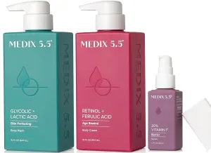 Medix 5.5 Anti Aging Skin Care 3PC Set, Retinol Body Cream   Exfoliating AHA Glycolic Acid Foaming Face & Body Wash   Vitamin F Booster Serum, Wash   Treat   Hydrate Skincare Set