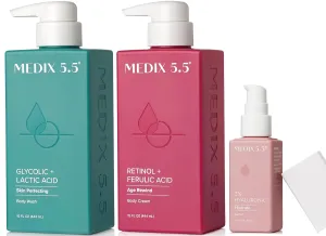 Medix 5.5 Anti Aging Skin Care 3PC Set | Retinol Body Cream   Exfoliating AHA Glycolic Acid Foaming Face Wash & Body Wash   Hyaluronic Acid Serum Booster, Wash   Treat   Hydrate Skincare Set, 3PC Set