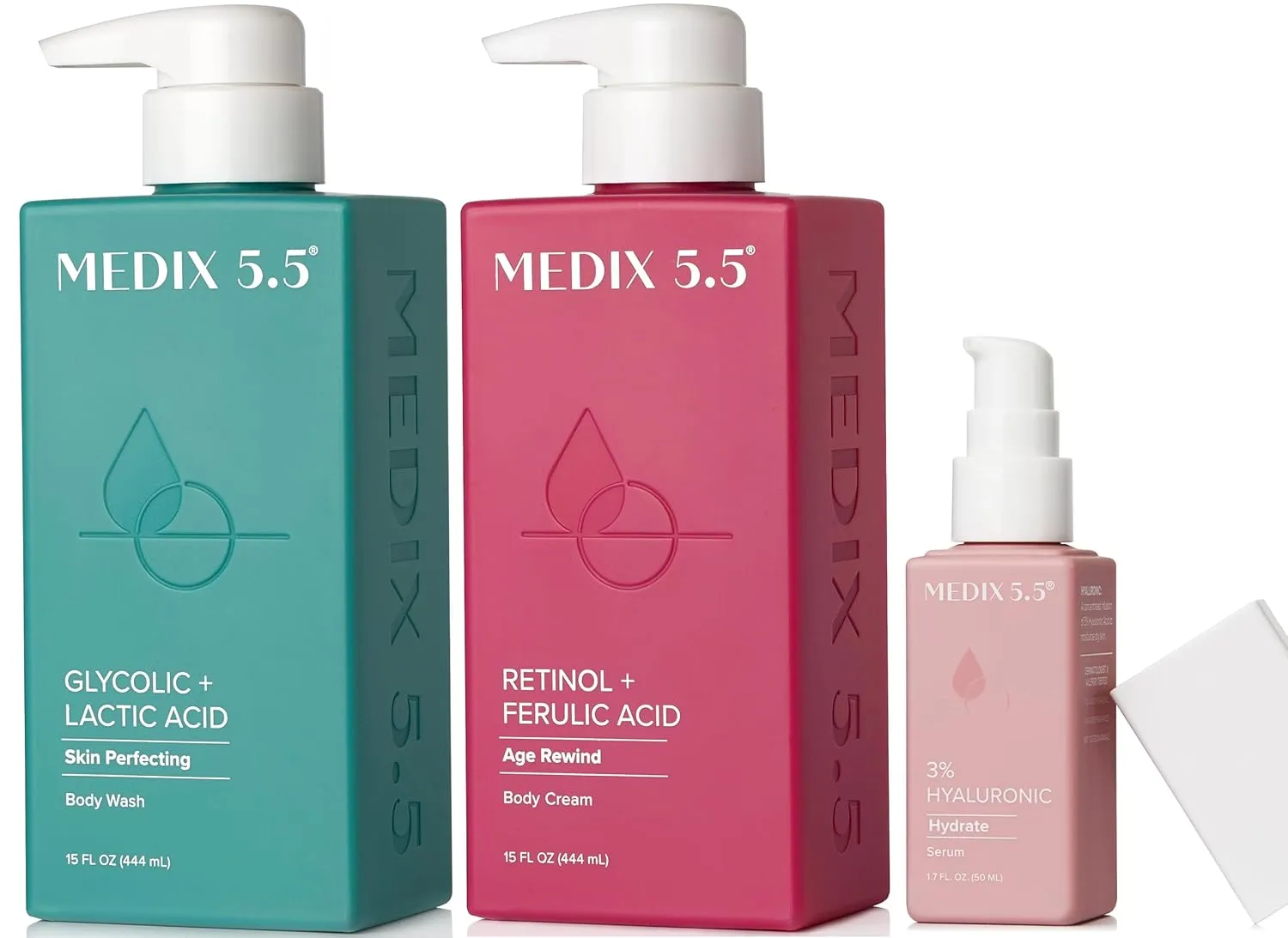 Medix 5.5 Anti Aging Skin Care 3PC Set | Retinol Body Cream   Exfoliating AHA Glycolic Acid Foaming Face Wash & Body Wash   Hyaluronic Acid Serum Booster, Wash   Treat   Hydrate Skincare Set, 3PC Set