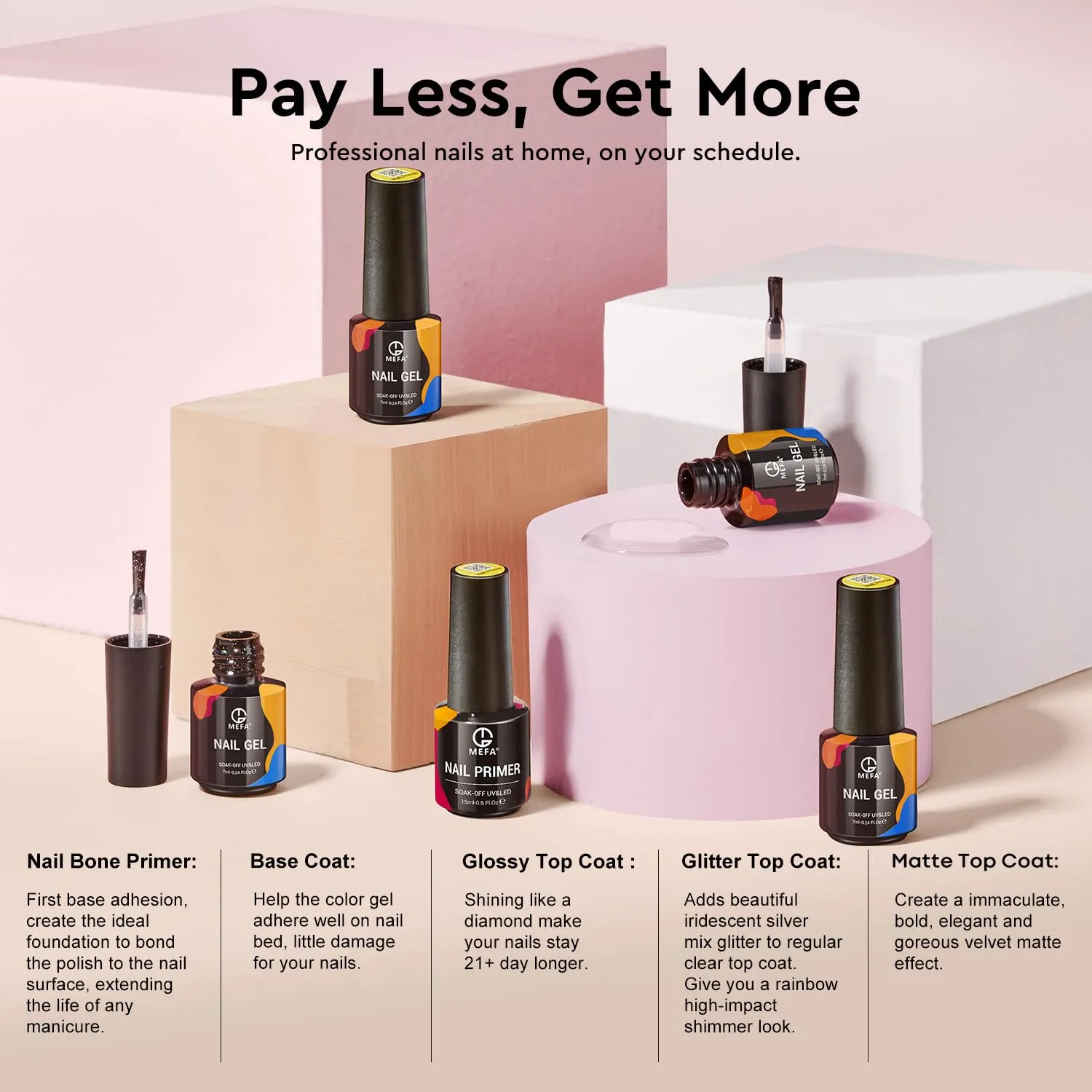 MEFA 47 PCS Gel Nail Polish Set, 7ml Gel Polish Collection with Nail Primer Base Coat & Glitter/Glossy/Matte Top Coat Kit, All Season Nude Pink Blue White Starter Kit Manicure Nail Art DIY Salon Gifts