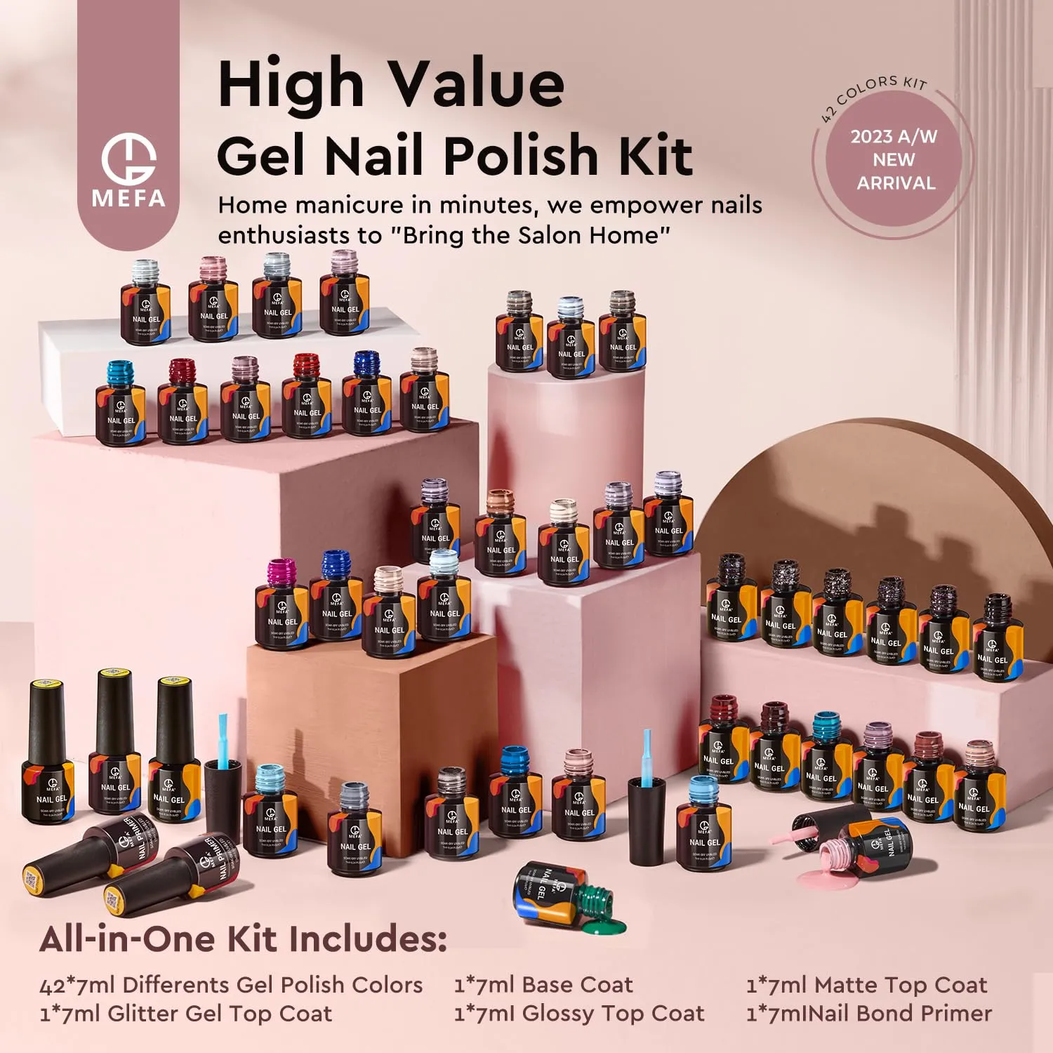 MEFA 47 PCS Gel Nail Polish Set, 7ml Gel Polish Collection with Nail Primer Base Coat & Glitter/Glossy/Matte Top Coat Kit, All Season Nude Pink Blue White Starter Kit Manicure Nail Art DIY Salon Gifts