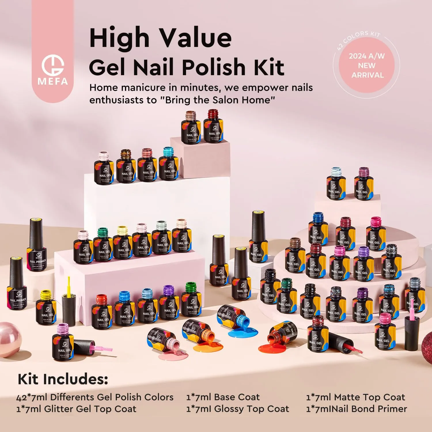 MEFA 47PCS Gel Nail Polish Kit, 42 Colors All Seasons Collection White Nude Pink Colorful Gel Polish Set with 5Pcs Top and Base Coat Primer Manicure Art at Home Salon 7ML Valentines Gifts for Women