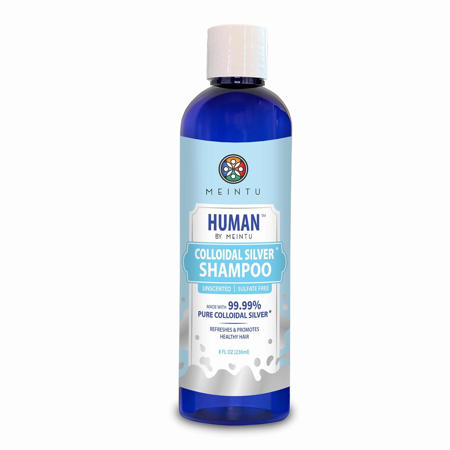 MEINTU Human Colloidal Silver Shampoo- 99.99% Pure Colloidal Silver Hair Shampoo Refreshes & Promotes Healthy Hair- Unscented, Sulfate Free Natural Shampoo for Dry and Flaky Scalp- 8 Oz
