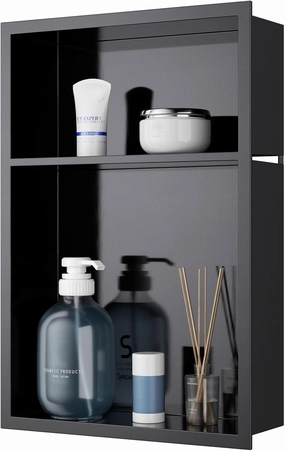 MENATT No Tile Shower Niche, Stainless Steel Wall Niche 13"X19"(Inner Size 12"X18"), Two-Tier Bathroom Shelf, NO Tile Needed Recessed Niche Shower for Bathroom Storage, Black