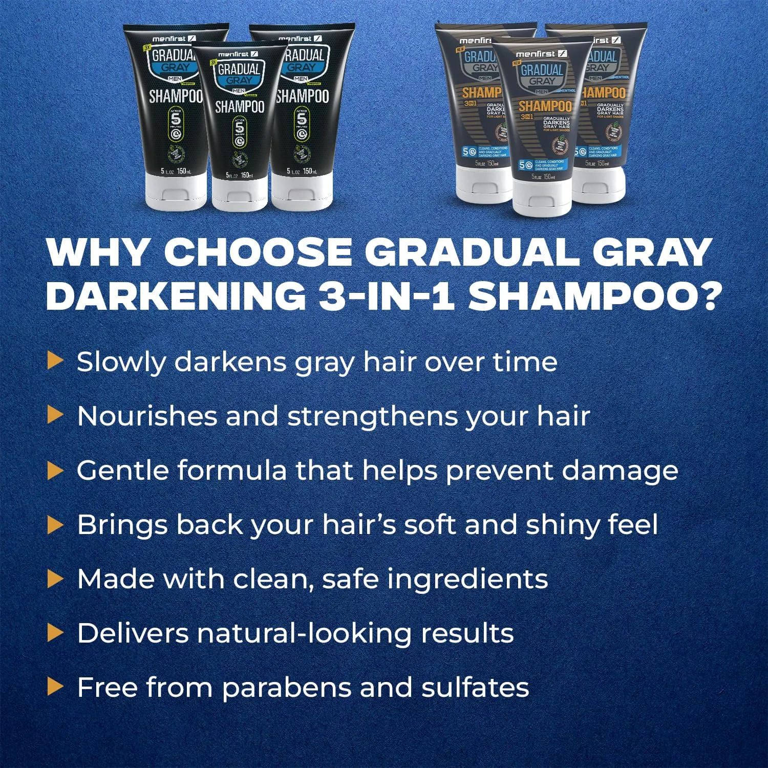 MENFIRST - Gradual Gray Hair Reducing Shampoo - Reverse and Darken Light Brown to Blonde Hair - Hypoallergenic & Harsh Chemical-Free for Men - 1 Pack - 5 Oz
