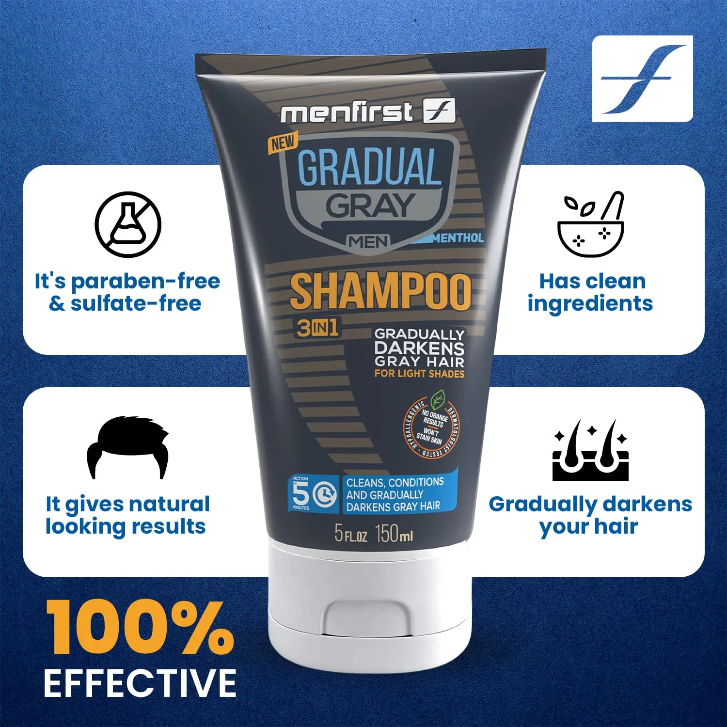 MENFIRST - Gradual Gray Hair Reducing Shampoo - Reverse and Darken Light Brown to Blonde Hair - Hypoallergenic & Harsh Chemical-Free for Men - 1 Pack - 5 Oz