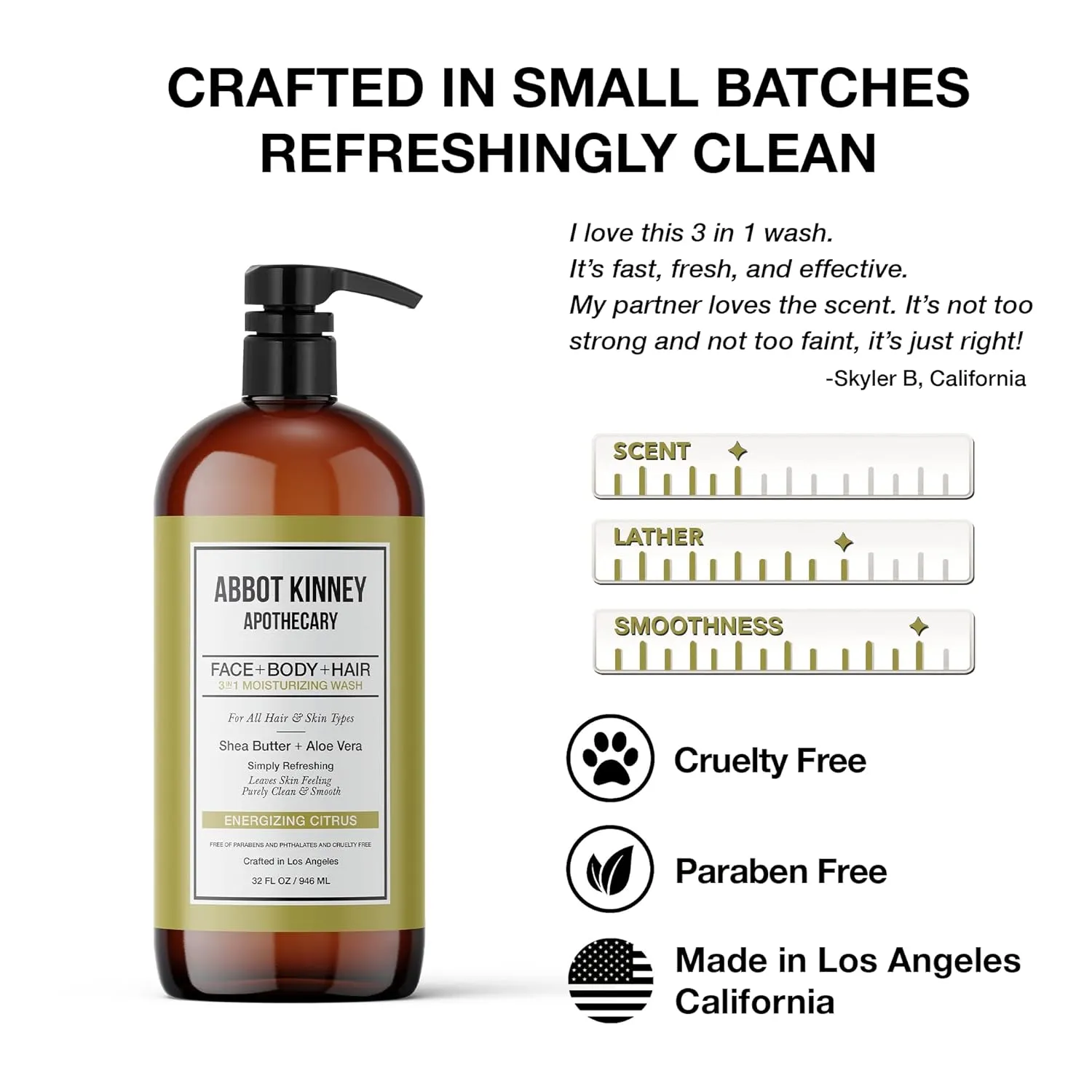 Men's 3-in-1 Wash, Moisturizing Shampoo, Conditioner, and Body Wash for Men, Suitable for All Skin and Hair Types, 32oz - Abbot Kinney Apothecary (Energizing Citrus)