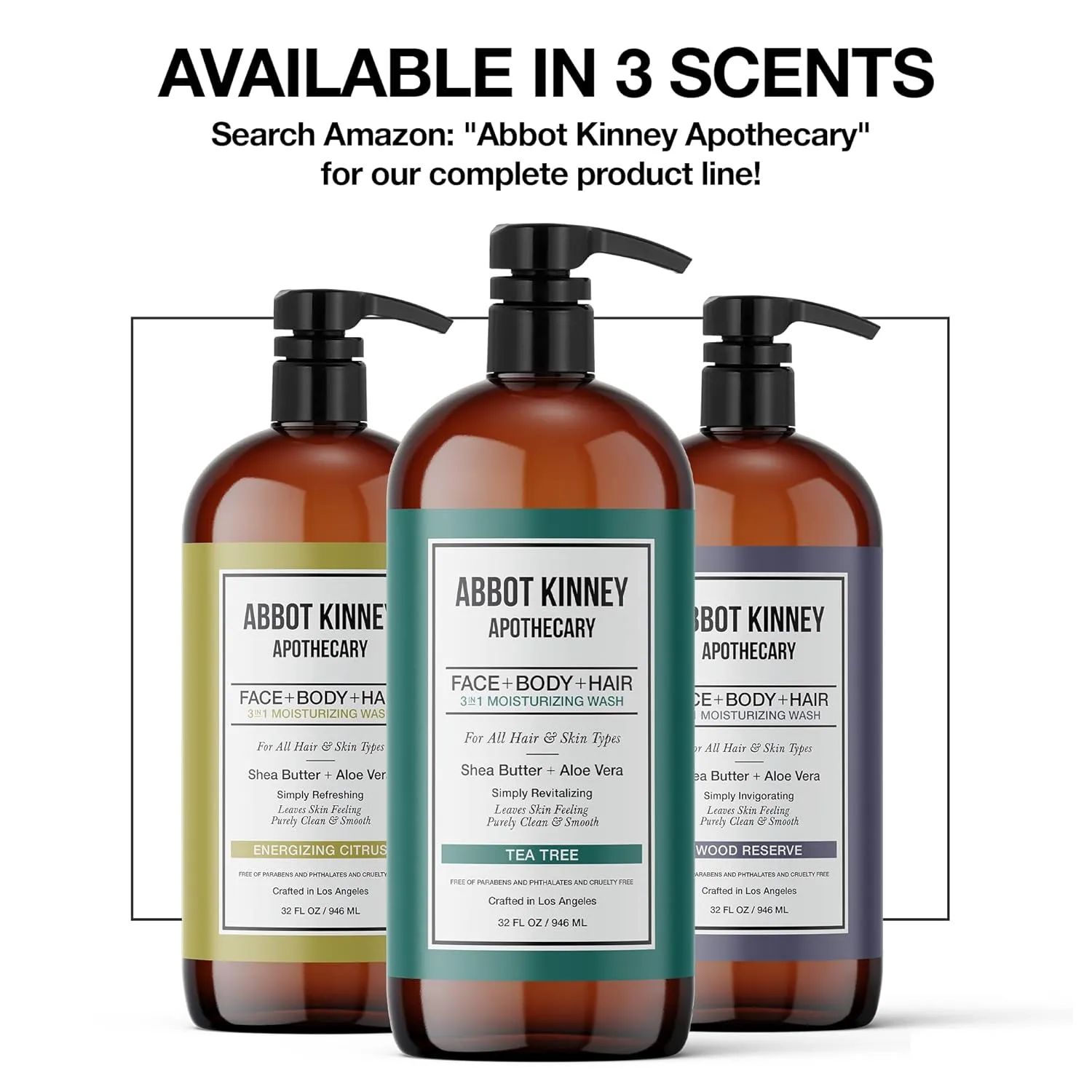 Men's 3-in-1 Wash, Moisturizing Shampoo, Conditioner, and Body Wash for Men, Suitable for All Skin and Hair Types, 32oz - Abbot Kinney Apothecary (Energizing Citrus)