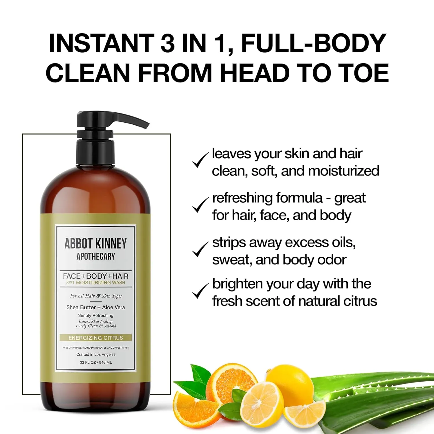 Men's 3-in-1 Wash, Moisturizing Shampoo, Conditioner, and Body Wash for Men, Suitable for All Skin and Hair Types, 32oz - Abbot Kinney Apothecary (Energizing Citrus)