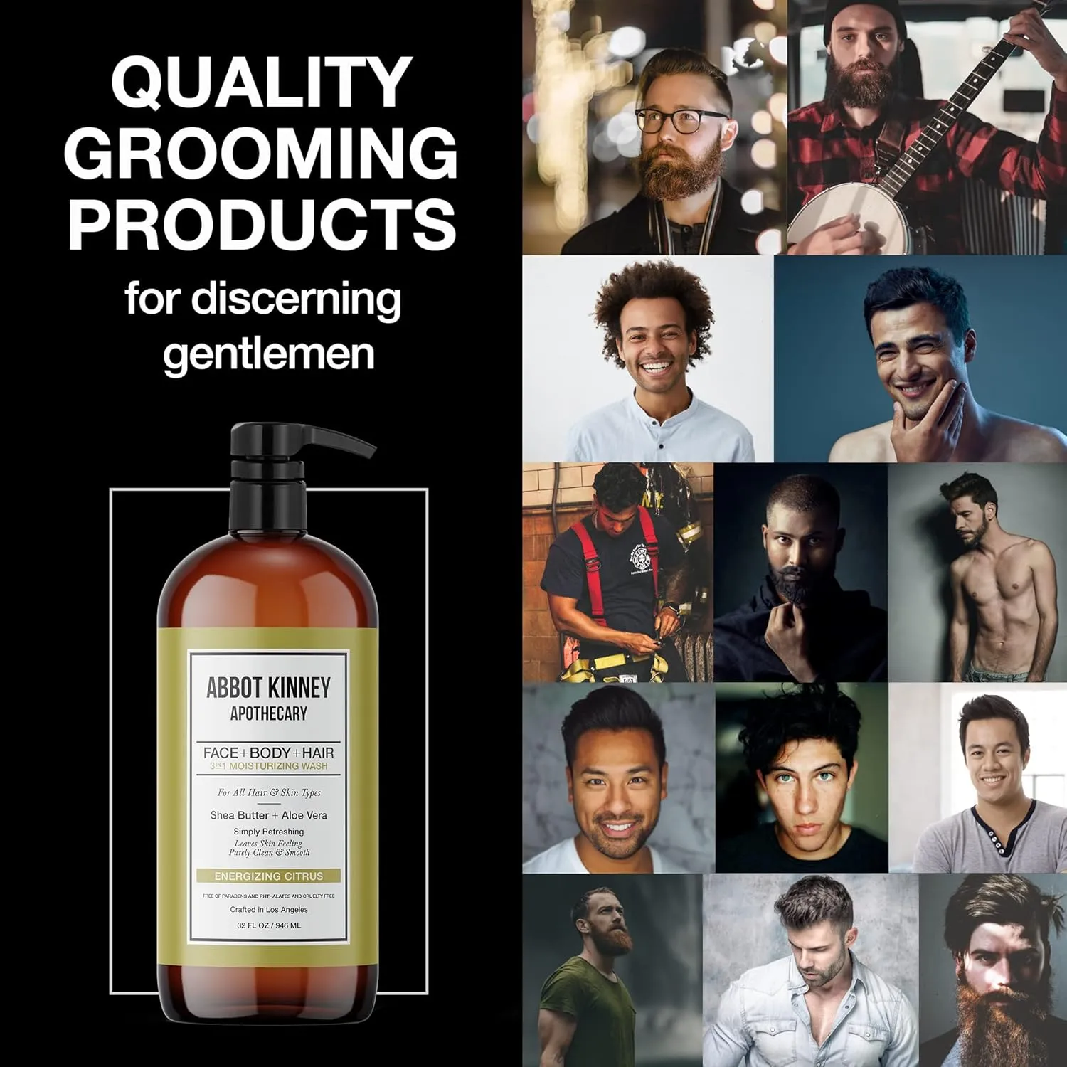 Men's 3-in-1 Wash, Moisturizing Shampoo, Conditioner, and Body Wash for Men, Suitable for All Skin and Hair Types, 32oz - Abbot Kinney Apothecary (Energizing Citrus)