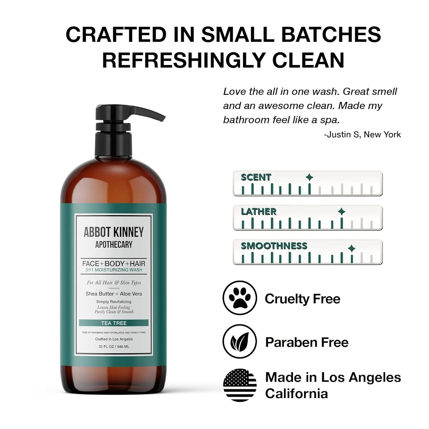 Men's 3-in-1 Wash, Moisturizing Shampoo, Conditioner, and Body Wash for Men, Suitable for All Skin and Hair Types, 32oz - Abbot Kinney Apothecary (Tea Tree) – 2 Pack
