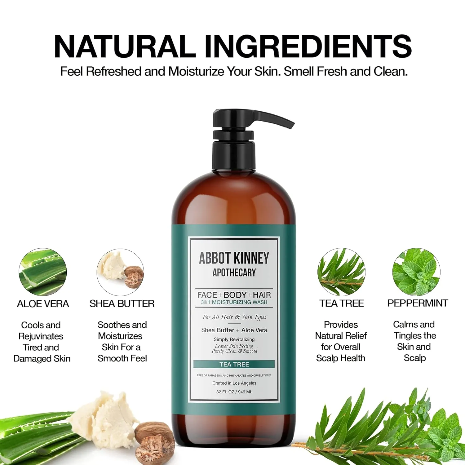 Men's 3-in-1 Wash, Moisturizing Shampoo, Conditioner, and Body Wash for Men, Suitable for All Skin and Hair Types, 32oz - Abbot Kinney Apothecary (Tea Tree) – 2 Pack