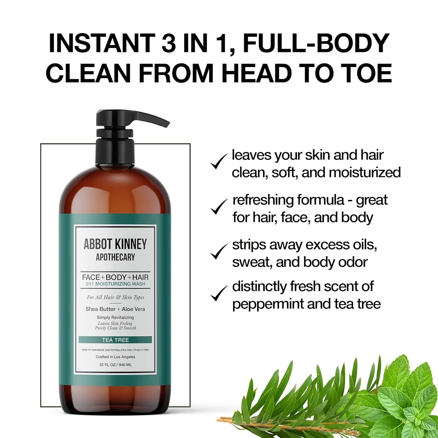 Men's 3-in-1 Wash, Moisturizing Shampoo, Conditioner, and Body Wash for Men, Suitable for All Skin and Hair Types, 32oz - Abbot Kinney Apothecary (Tea Tree) – 2 Pack