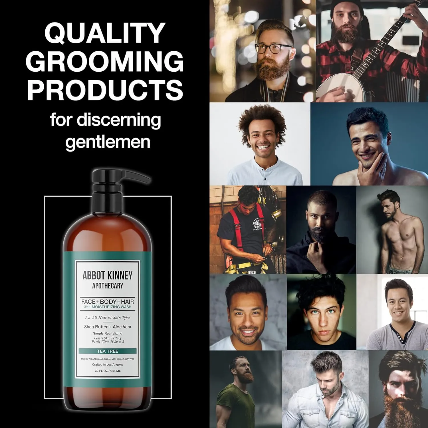Men's 3-in-1 Wash, Moisturizing Shampoo, Conditioner, and Body Wash for Men, Suitable for All Skin and Hair Types, 32oz - Abbot Kinney Apothecary (Tea Tree) – 2 Pack