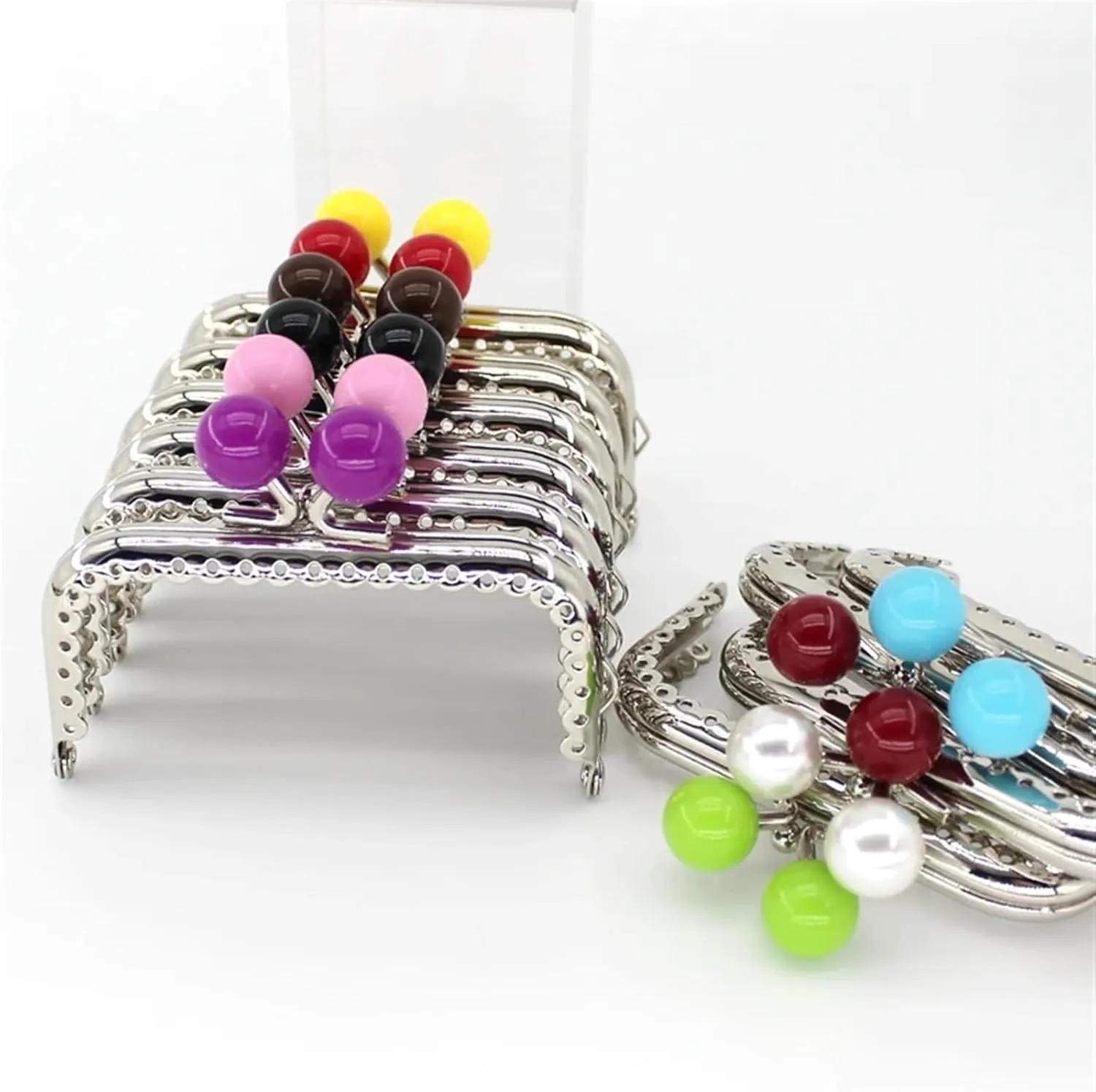 Metal Purse Frame,Retro Arch Kiss Lock Clasp Frame 3pcs 8.5cm Candy Beads Silver Tone Glossy Metal Purse Frame Handle for Clutch Bag Handbag Accessories Making Sewing Kiss Clasp Lock(Pink)