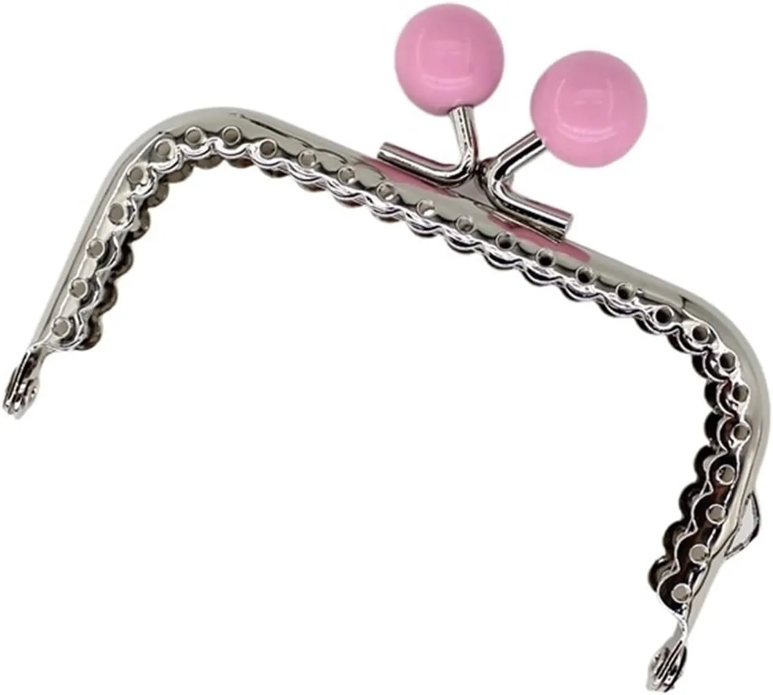 Metal Purse Frame,Retro Arch Kiss Lock Clasp Frame 3pcs 8.5cm Candy Beads Silver Tone Glossy Metal Purse Frame Handle for Clutch Bag Handbag Accessories Making Sewing Kiss Clasp Lock(Pink)