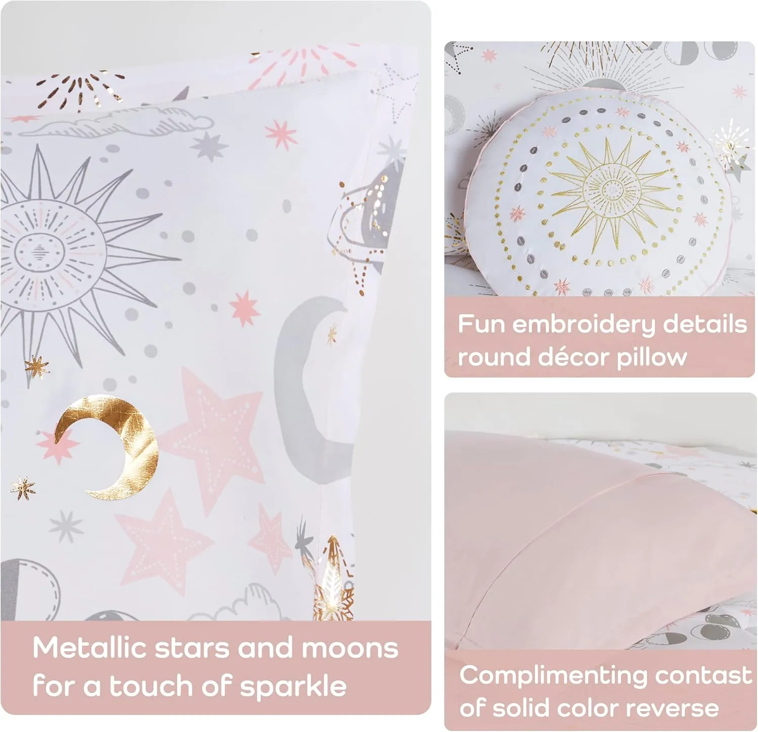 Mi Zone Kids Twin Comforter Set, Celestial Metallic Comforter Set Starry Sky, Moon & Sun Comforters, All Seasons Lightweight & Fluffy Comforter Bed Set, 1 Sham, Celia, Twin, Blush/Gold 3 Piece