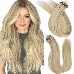 Microlink Hair Extensions Human Hair,14 Inch #A16/60A Golden Blonde highlight Mixed Ash Brown Micro Loop Microbead Micro Link Hair Extensions Human Hair Invisible Straight 30g/43s