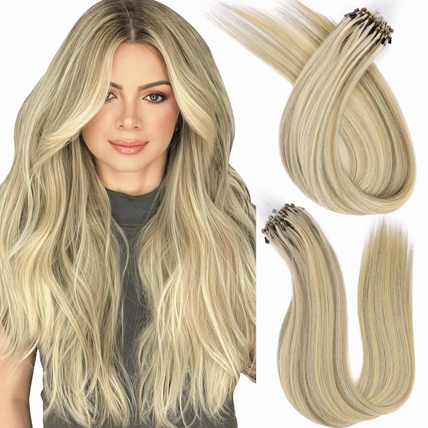 Microlink Hair Extensions Human Hair,14 Inch #A16/60A Golden Blonde highlight Mixed Ash Brown Micro Loop Microbead Micro Link Hair Extensions Human Hair Invisible Straight 30g/43s
