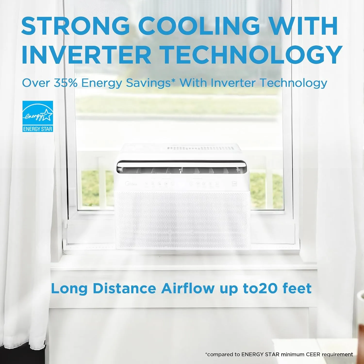 Midea 8,000 BTU U Shaped Smart Inverter Window Air Conditioner, Cools up to 350 Sq. Ft., Ultra Quiet with Open Window Flexibility, Works with Alexa/Google Assistant, 35% Energy Savings, Remote Control