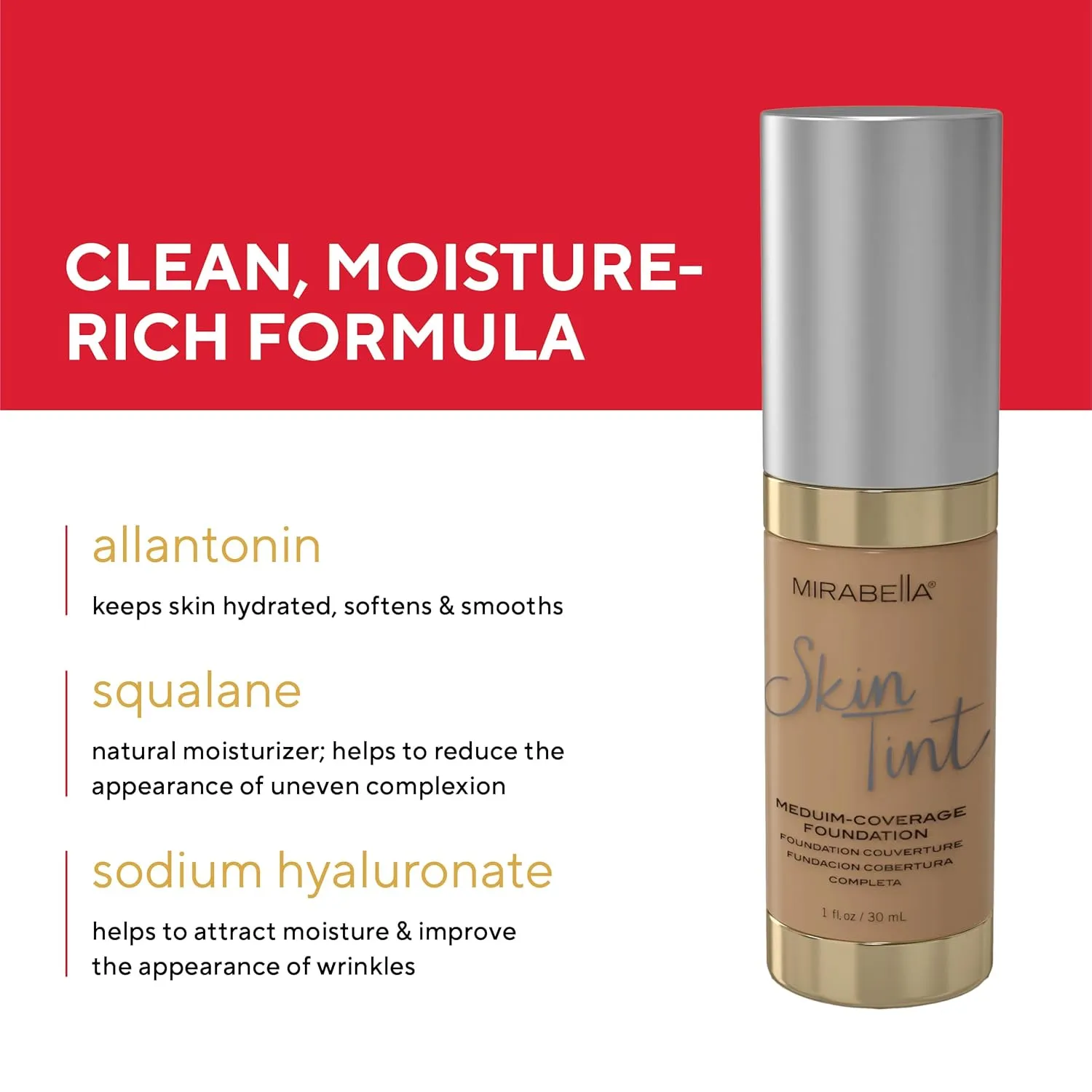 Mirabella Skin Tint Creme Liquid Foundation Makeup, Oil-Free Mineral Foundation for Medium Coverage - w/Hyaluronic Acid, Squalane, & Allantoin for All Skin Types - IIIN Neutral