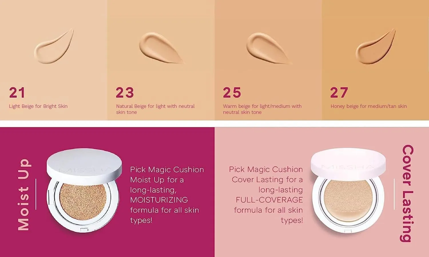MISSHA Magic Cushion Foundation No.21 Light Beige for Bright Skin, Flawless Coverage,Dewy Finish,Easy Application for All Skin Types