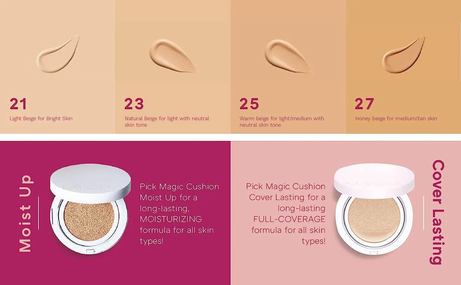 MISSHA Magic Cushion Foundation No.27 Honey beige for medium/tan skin - Flawless Coverage, Dewy Finish, Easy Application for All Skin Types