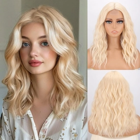 MISSQUEEN Blonde Short Wavy Wig for Women Medium Length Blond Wigs Synthetic Heat Resistant Natural Looking Curly Blonde Hair for Everyday Hairstyle Cosplay Party Halloween Use