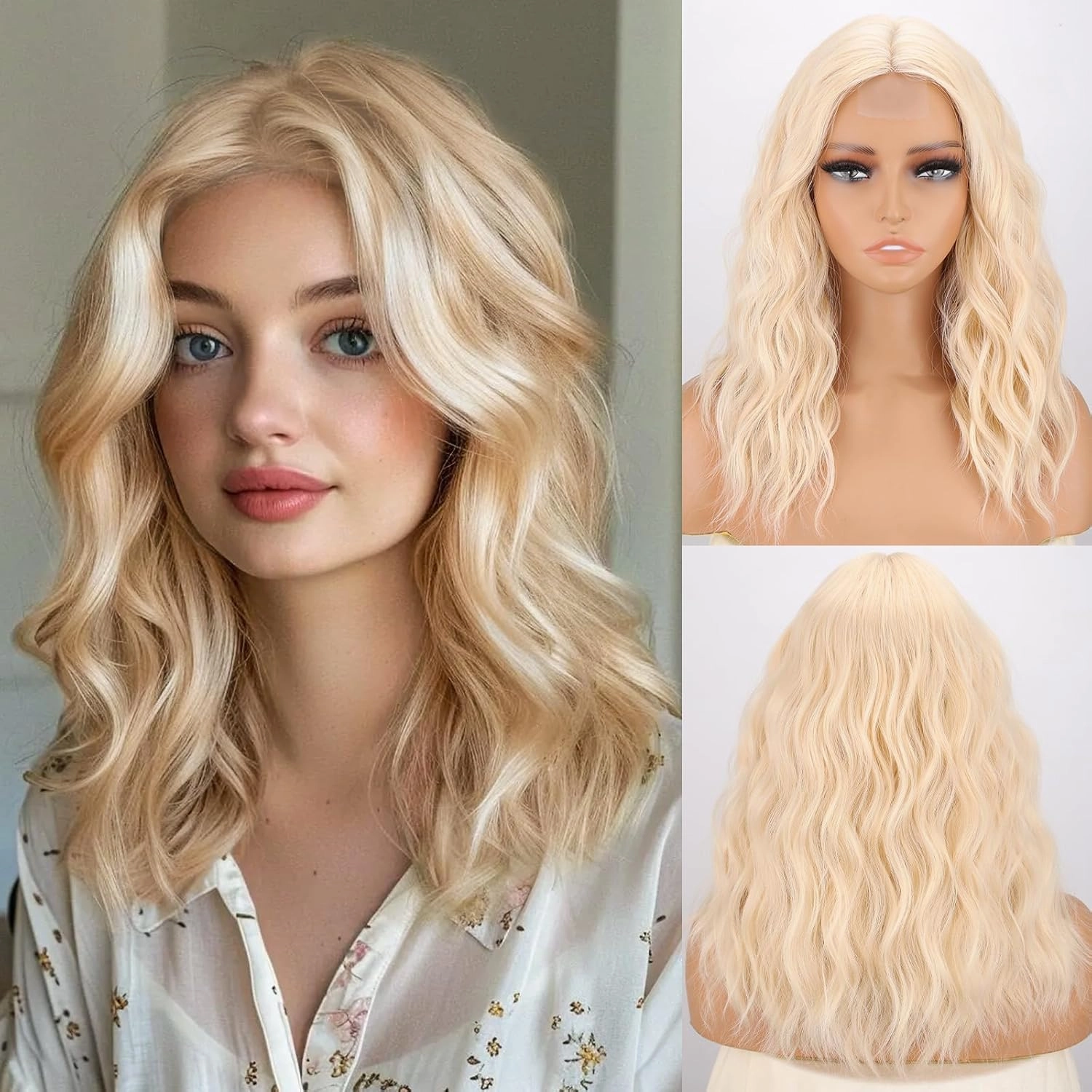 MISSQUEEN Blonde Short Wavy Wig for Women Medium Length Blond Wigs Synthetic Heat Resistant Natural Looking Curly Blonde Hair for Everyday Hairstyle Cosplay Party Halloween Use