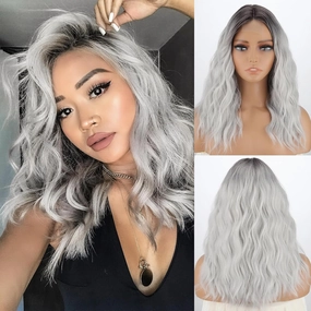 MISSQUEEN Ombre Grey Short Wavy Wig for Women Medium Length Curly Silver Synthetic Heat Resistant Natural Looking Wig for Everyday Hairstyle Cosplay Party Halloween Use,18inch