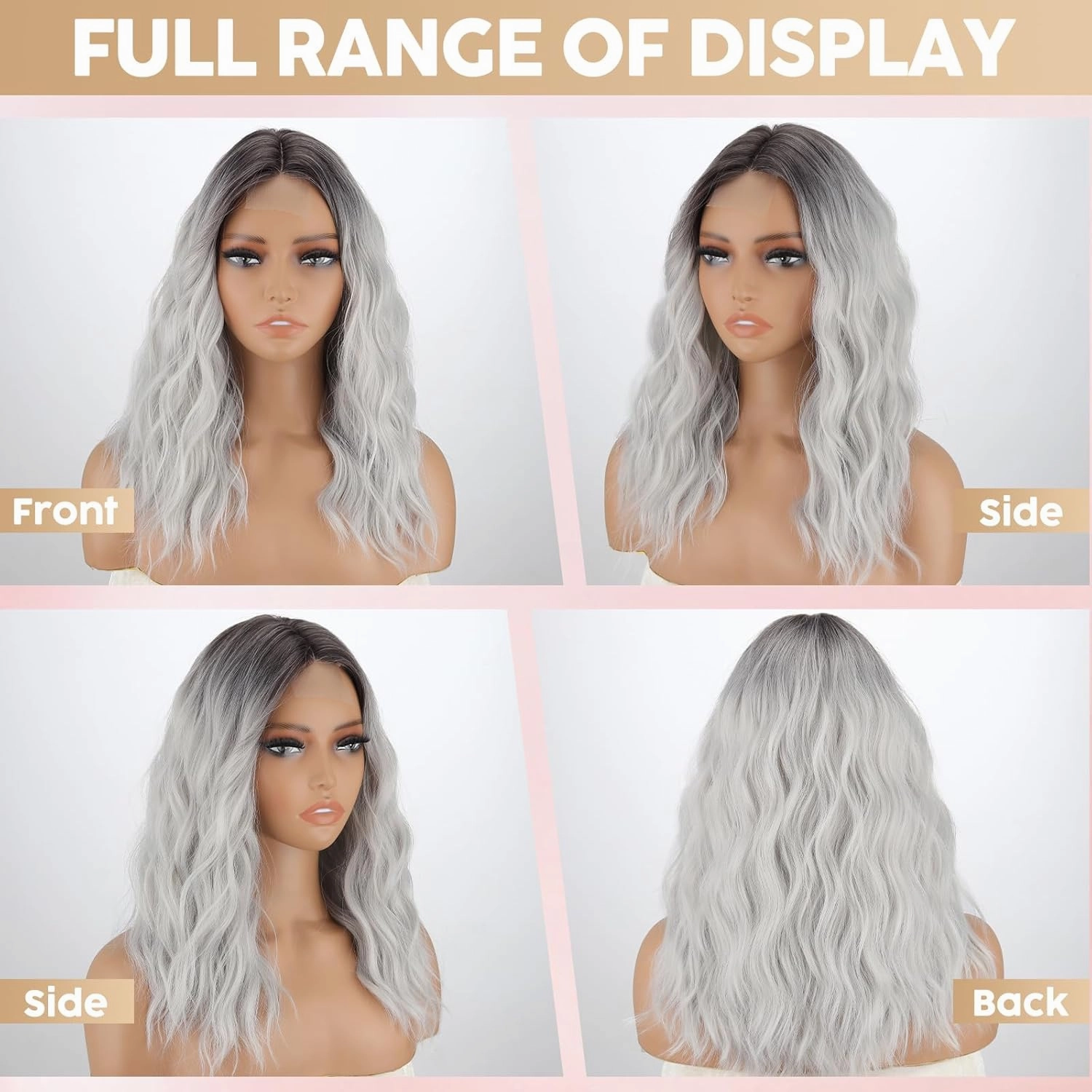MISSQUEEN Ombre Grey Short Wavy Wig for Women Medium Length Curly Silver Synthetic Heat Resistant Natural Looking Wig for Everyday Hairstyle Cosplay Party Halloween Use,18inch