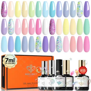 Modelones 24Pcs Gel Nail Polish Set, 20 Colors Pastel Gel Polish Set Macaron Colors with Glitter & Glossy & Matte Top   Base Coat Soak Off LED Nail Art Kit Salon at Home