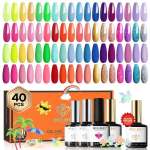 Modelones 40 Pcs Gel Nail Polish Set, 36 Colors Summer Rainbow Neon Gel Polish Bright Hot Pink Green Yellow Purple Blue Glitter Nail Gel Polish with Soak Off Base Coat& Matte Glitter Glossy Top Coat