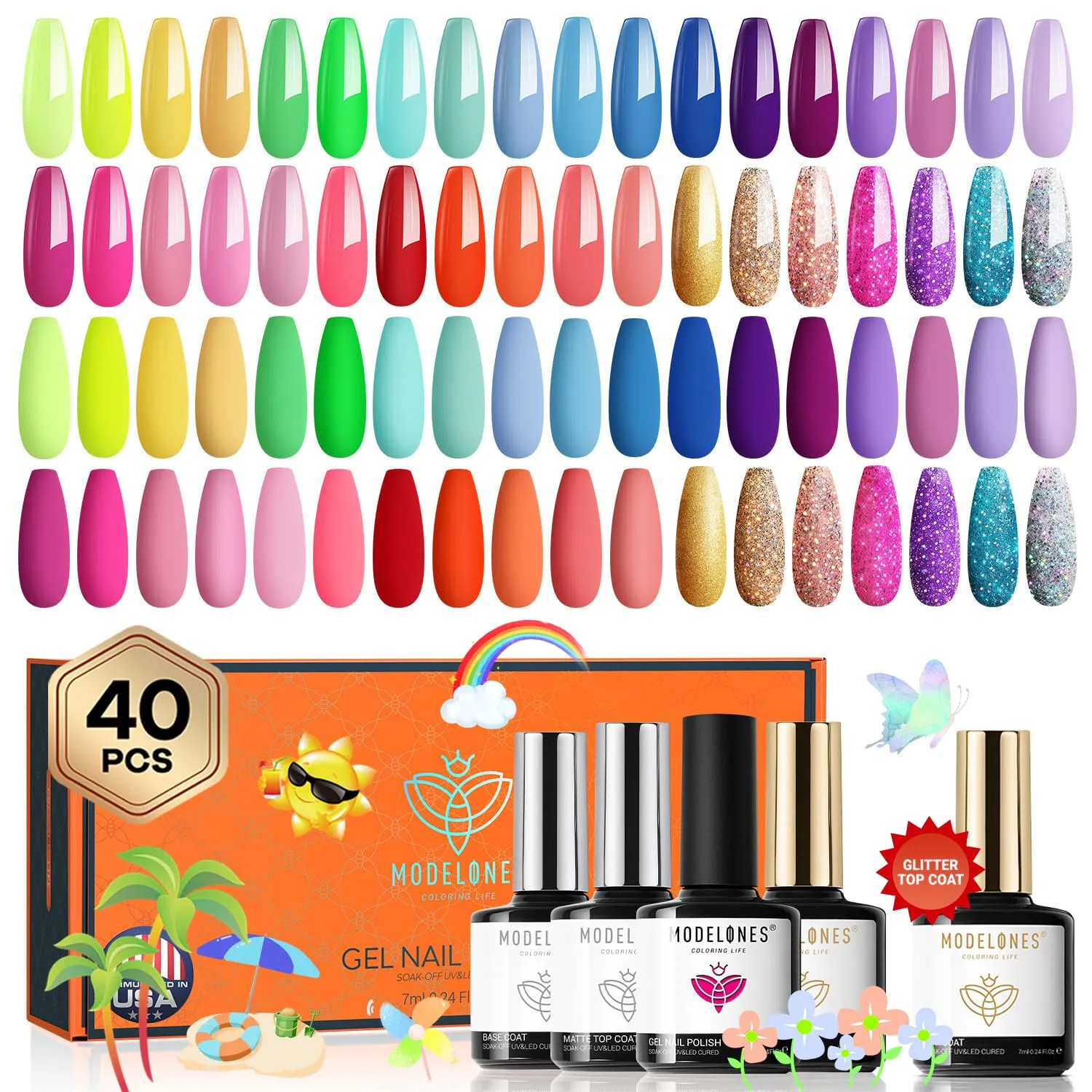 Modelones 40 Pcs Gel Nail Polish Set, 36 Colors Summer Rainbow Neon Gel Polish Bright Hot Pink Green Yellow Purple Blue Glitter Nail Gel Polish with Soak Off Base Coat& Matte Glitter Glossy Top Coat
