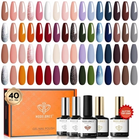 modelones 40 Pcs Gel Nail Polish Set, 36 Colors Nude Pink White Gel Polish Dark Red Blue Brown Glitter Nail Polish with Base & Matte/Glossy/Glitter Top Coat Soak Off Nail Art Kit