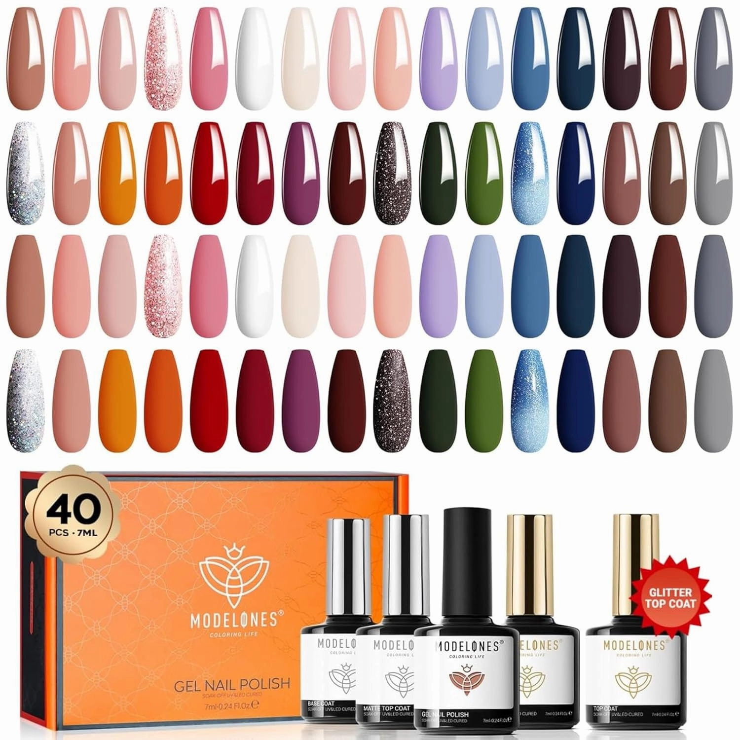 modelones 40 Pcs Gel Nail Polish Set, 36 Colors Nude Pink White Gel Polish Dark Red Blue Brown Glitter Nail Polish with Base & Matte/Glossy/Glitter Top Coat Soak Off Nail Art Kit