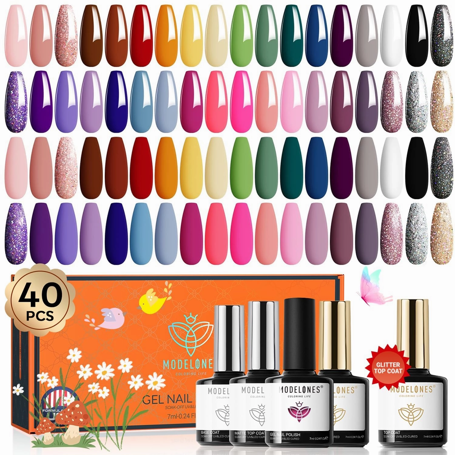 modelones 40 PCS Gel Nail Polish Set, 36 Colors Summer White Yellow Green Hot Pink Gel Polish Kit Nude Brown Black Red Glitter Nail Polish W Base& Matte& Glitter& Glossy Top Coat LED Soapnails Gift