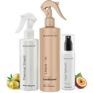 MOEHAIR Leave-in Conditioner (12 Fl. Oz), Heat Protection Spray for hair (8 Fl. Oz) and Frizz Ease Serum (3.34 Fl. Oz) | Sulfate & Paraben Free