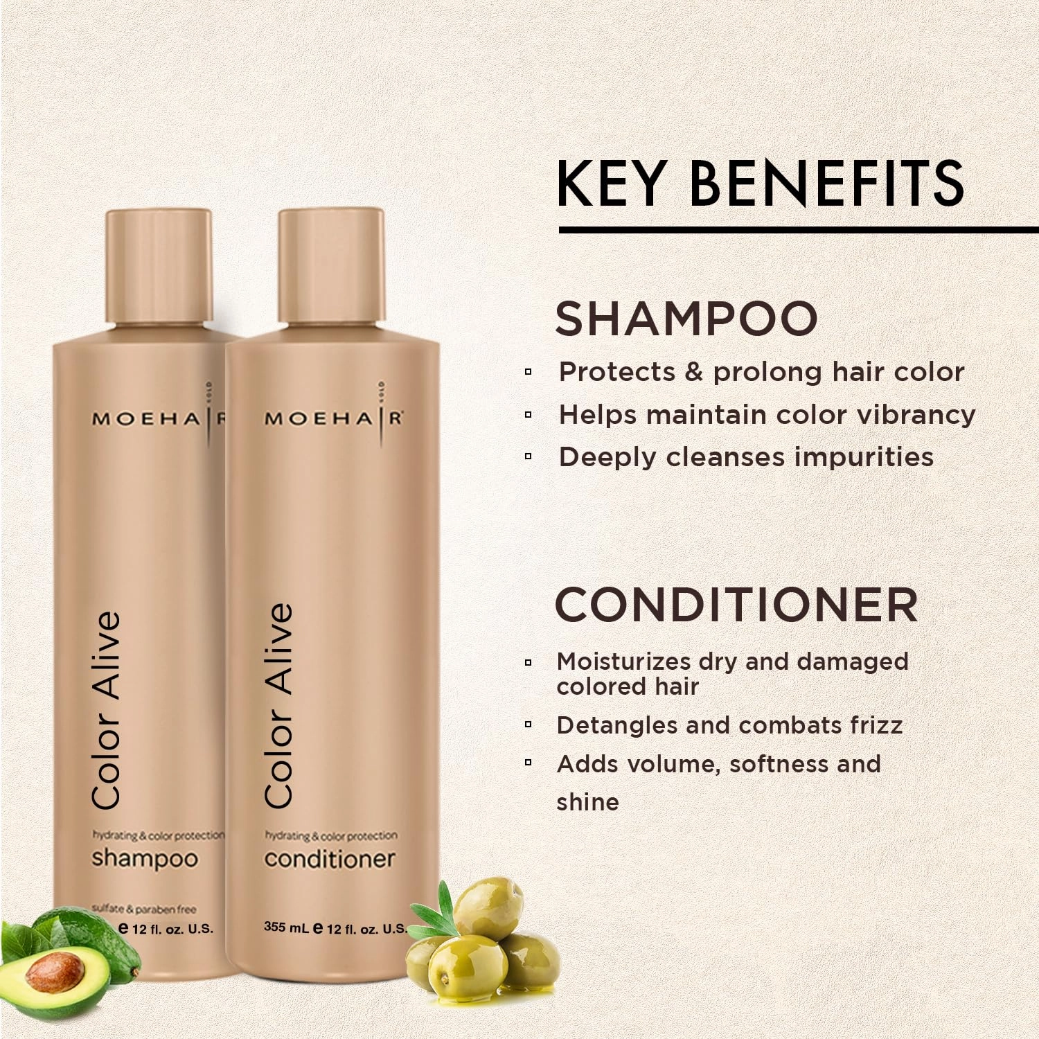 MOEHAIR Color Alive Shampoo and Conditioner Set – 12 Fl. Oz | Boost Vibrancy, Shine & Texture | Fade-Proof Hair Color | Salon-Grade Color Protecting Shampoo and Conditioner | Sulfate and Paraben-Free