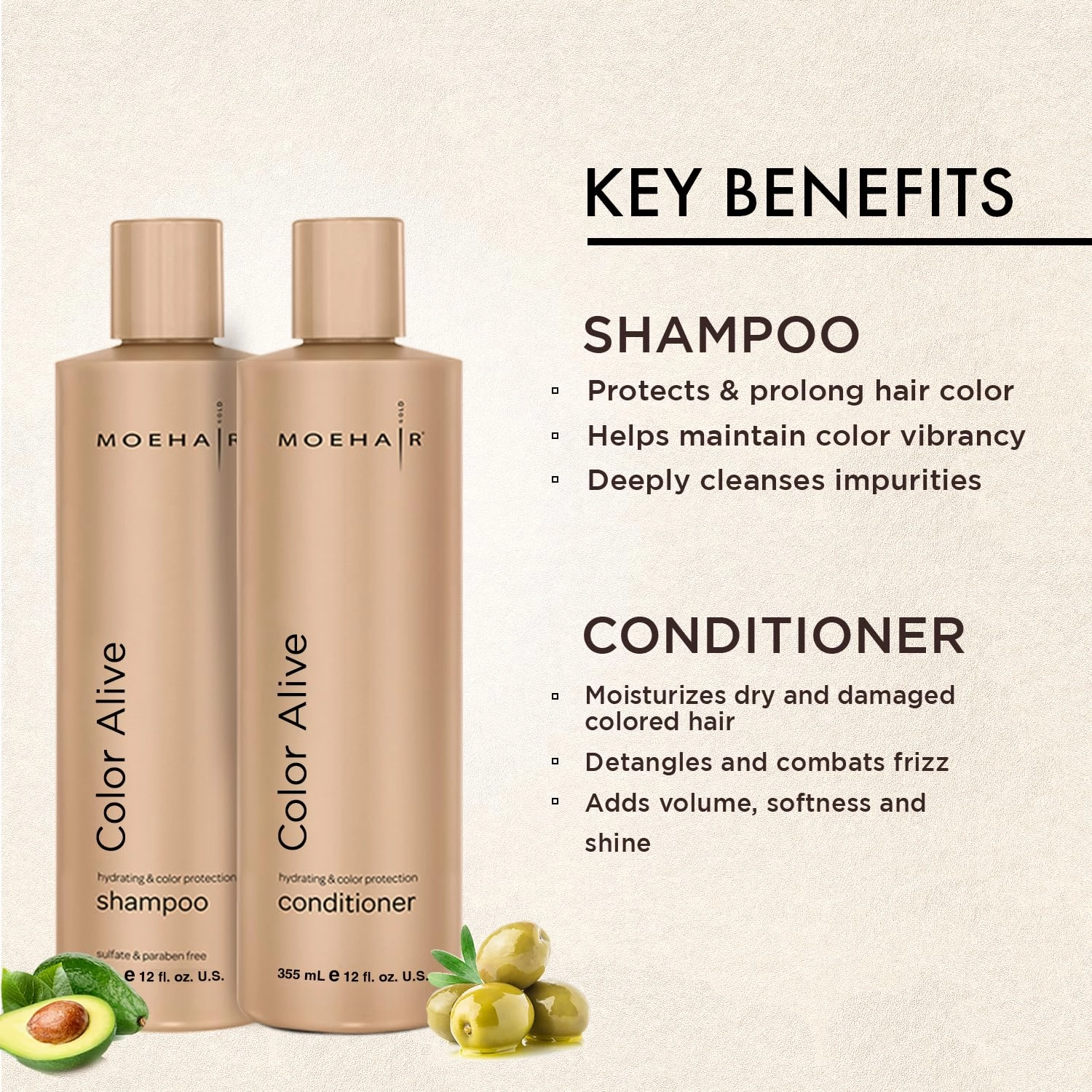 MOEHAIR Color Alive Shampoo and Conditioner Set – 12 Fl. Oz | Boost Vibrancy, Shine & Texture | Fade-Proof Hair Color | Salon-Grade Color Protecting Shampoo and Conditioner | Sulfate and Paraben-Free