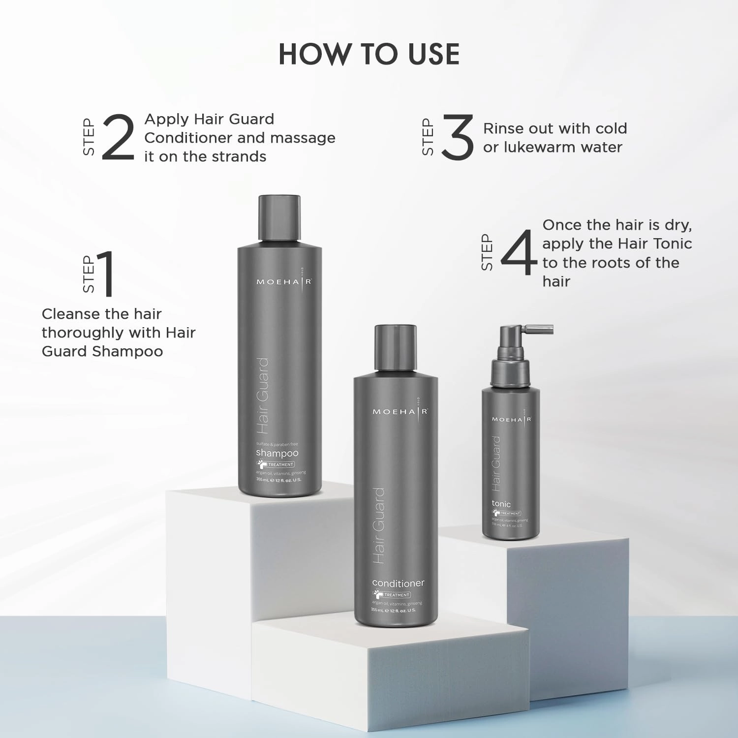 MOEHAIR Hair Care Set (12 Fl. Oz) - Shampoo, Conditioner, and Tonic for All Hair Types - Non-Toxic, Cruelty-Free, Sulfate and Paraben Free - Boosts Growth, Reduces Hair Fall, Strengthens Roots