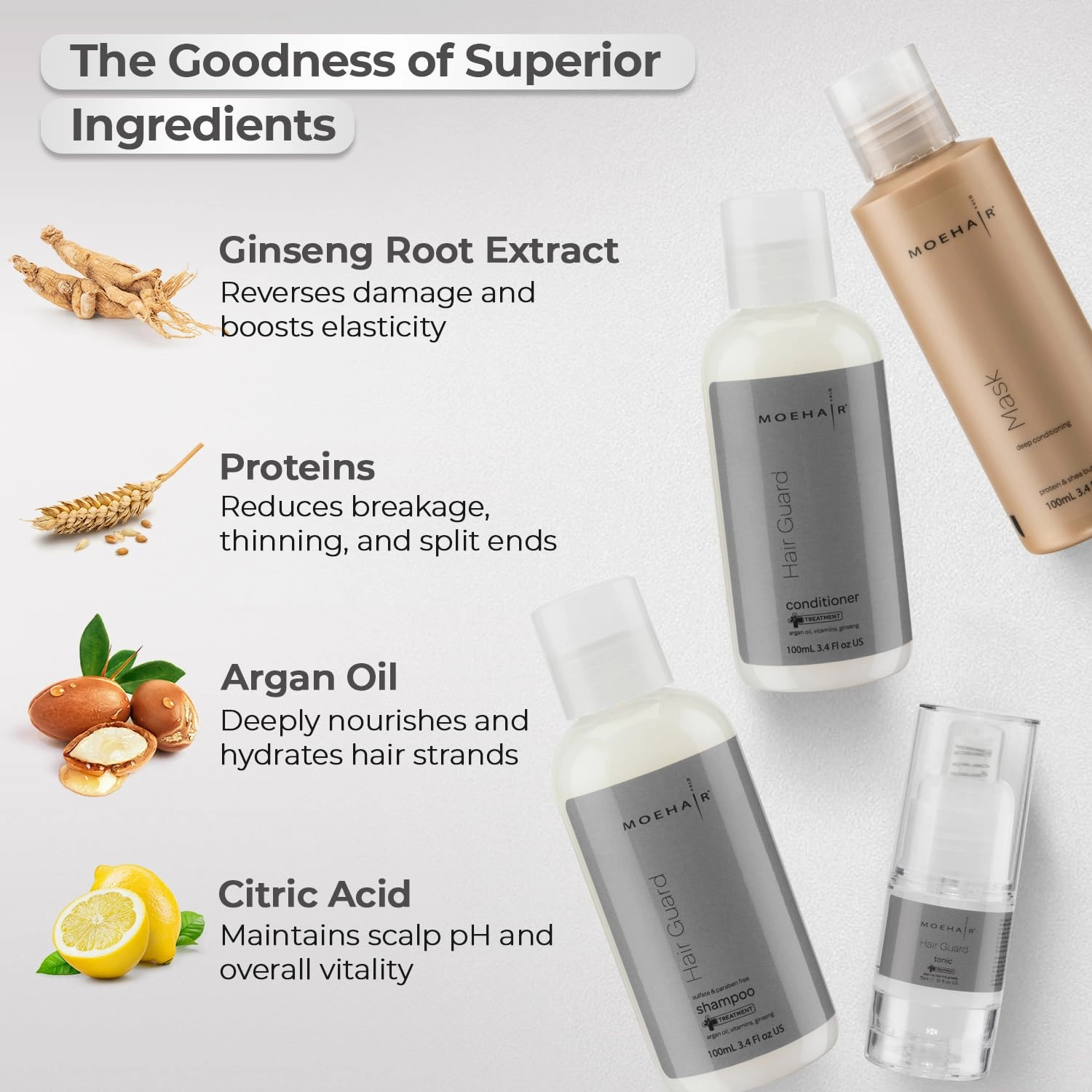 MOEHAIR Hair Guard Shampoo, Conditioner, Tonic & Mask Travel Kit | Sulfate & Paraben Free, Ginseng Infused, Reduces Hair Loss, Promotes Hair Growth | Made in USA