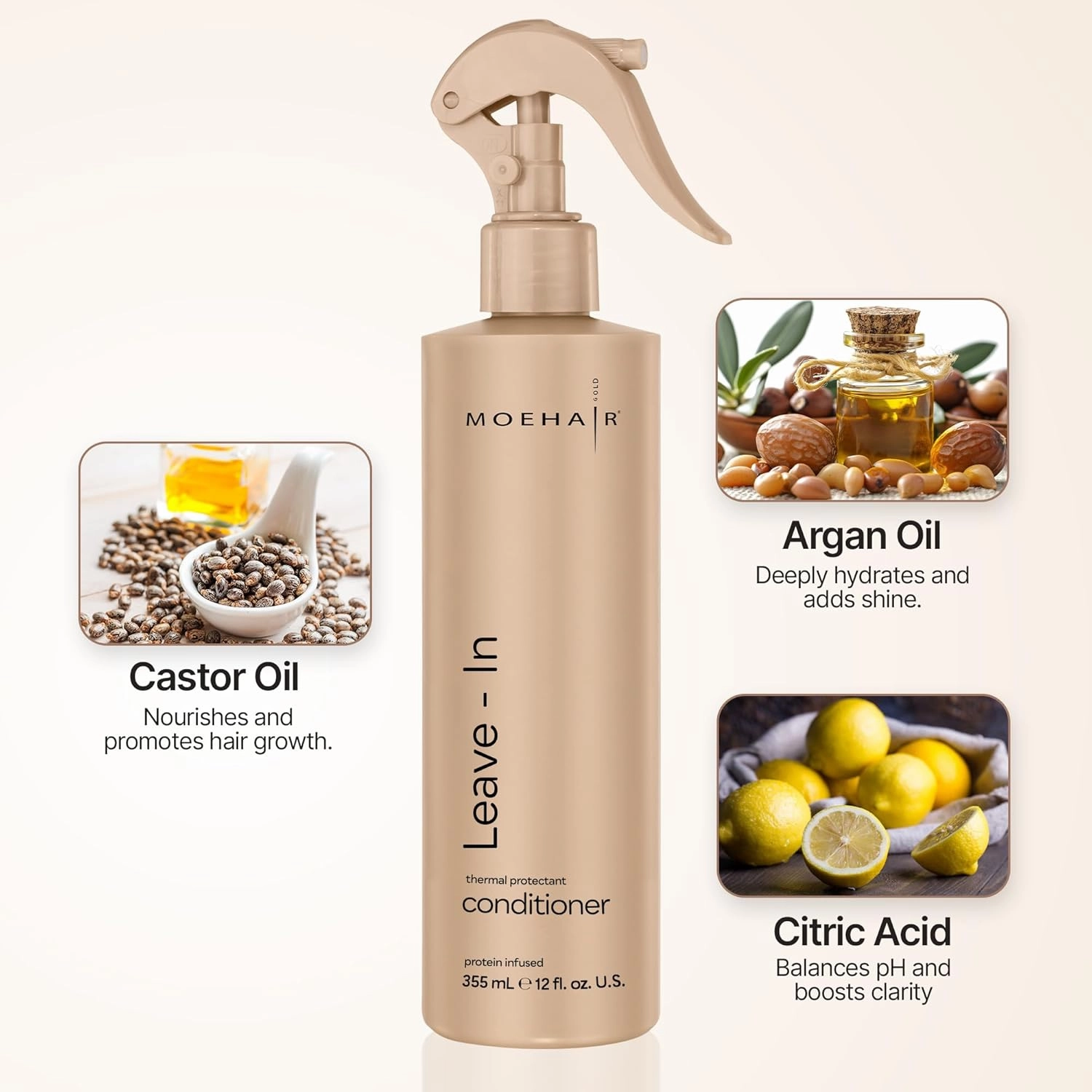 MOEHAIR Leave-in Conditioner (12 Fl. Oz.) | Infused with Proteins and Argan Oil | Curly Hair Detangler Spray For Women & Men | Hair Softener | Breakage and Split End Repair | Sulfate and Paraben Free