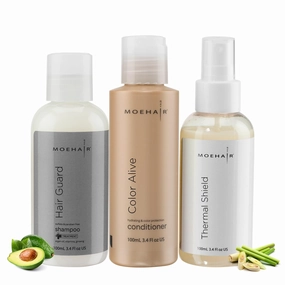 MOEHAIR Travel Hair Care Set: Shampoo, Color Conditioner, and Thermal Shield Spray (3 x 3.4 fl oz) - Heat Protectant Set