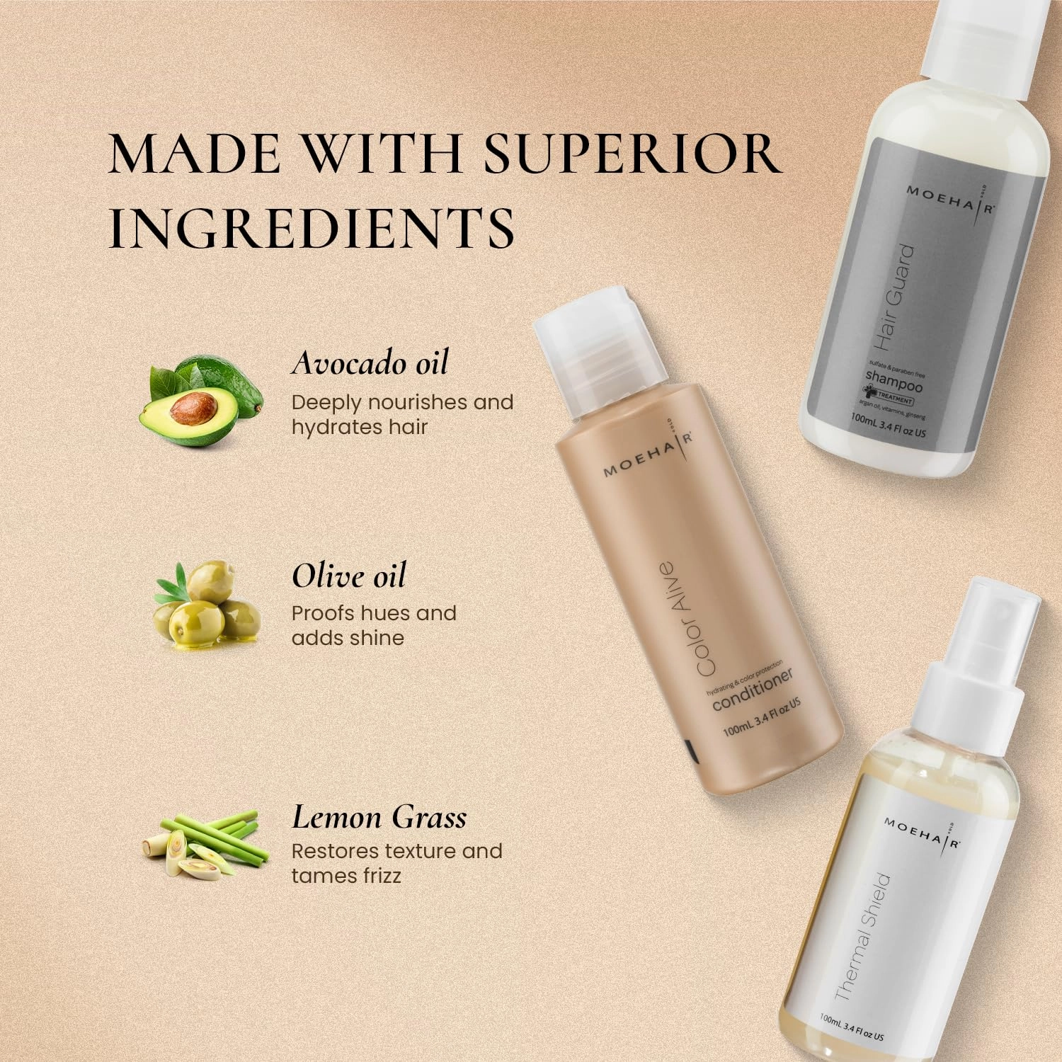 MOEHAIR Travel Hair Care Set: Shampoo, Color Conditioner, and Thermal Shield Spray (3 x 3.4 fl oz) - Heat Protectant Set