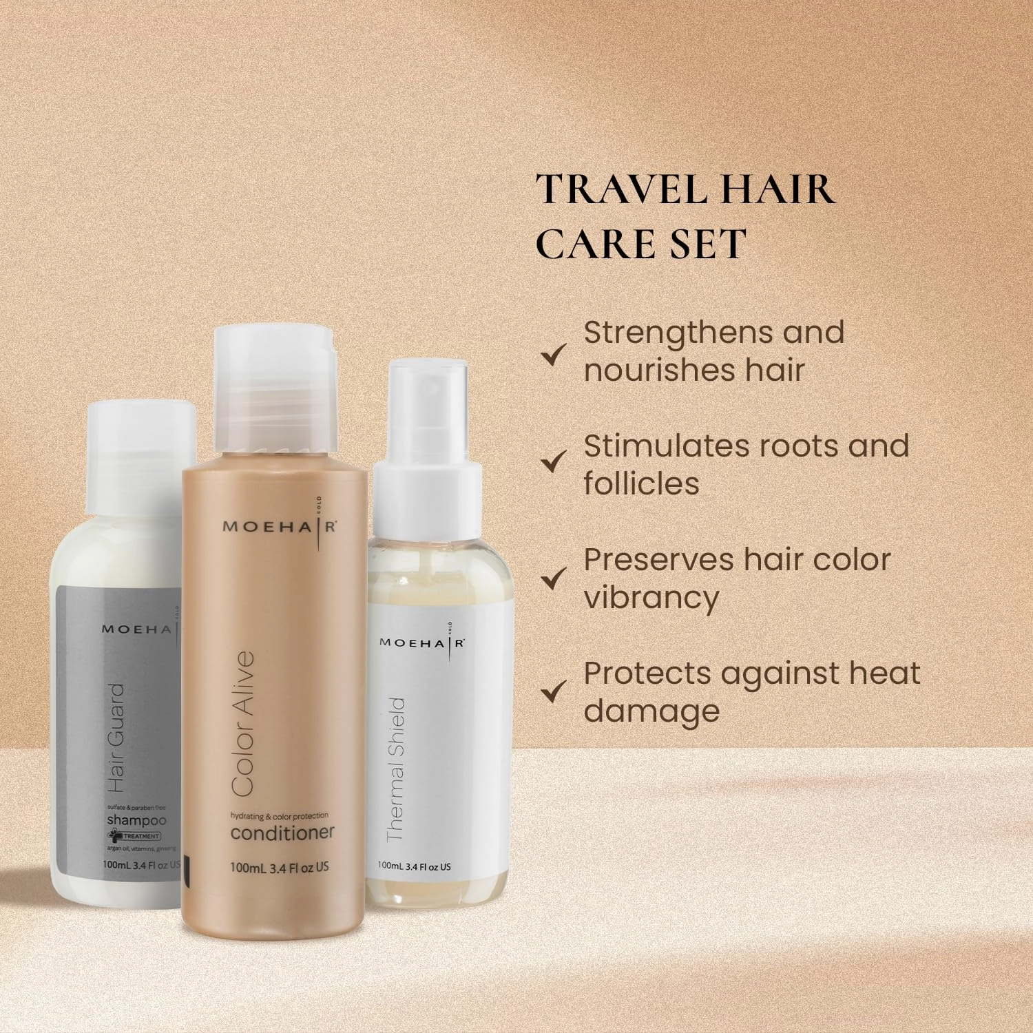 MOEHAIR Travel Hair Care Set: Shampoo, Color Conditioner, and Thermal Shield Spray (3 x 3.4 fl oz) - Heat Protectant Set