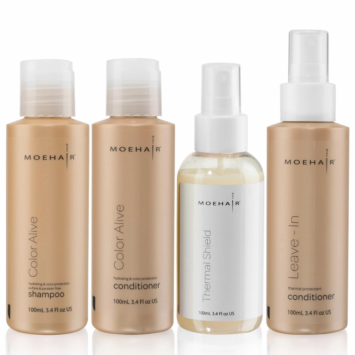 Moehair Travel Size Toiletries (Color Alive Shampoo, Conditioner, Leave-In Conditioner & Heat Protectant) | Travel Shampoo and Conditioner Set | Sulfate & Paraben-Free (3.4 Fl.Oz)